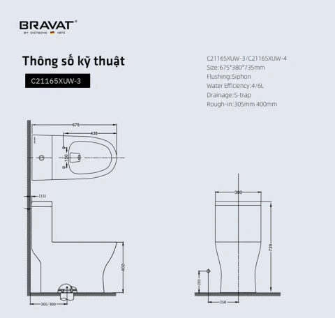Ảnh Bồn cầu 1 khối Bravat C21165XUW-3 5