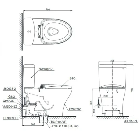 Ảnh Bồn cầu 2 khối TOTO CS769DRE4XW 2