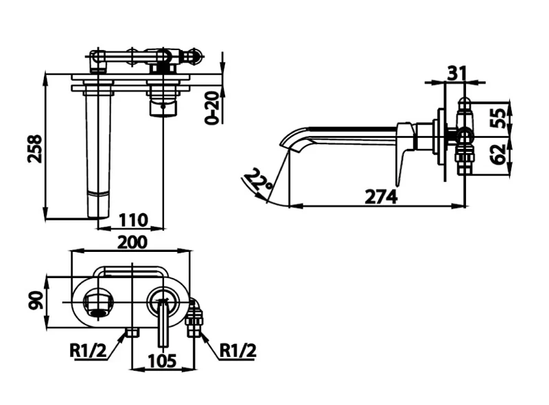 Ảnh Vòi chậu gắn tường Cotto CT2263A 3