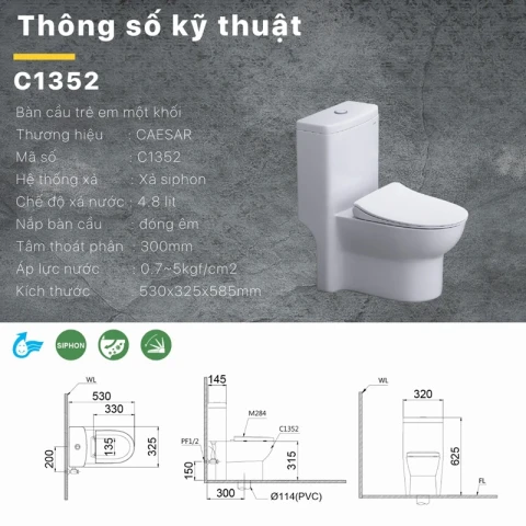 Ảnh Bồn cầu 1 khối Caesar C1352 5