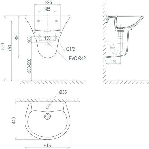 Ảnh Chậu rửa treo tường Sanfi S507 2