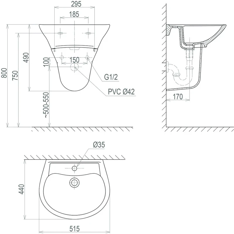 Ảnh Chậu rửa treo tường Sanfi S507 2