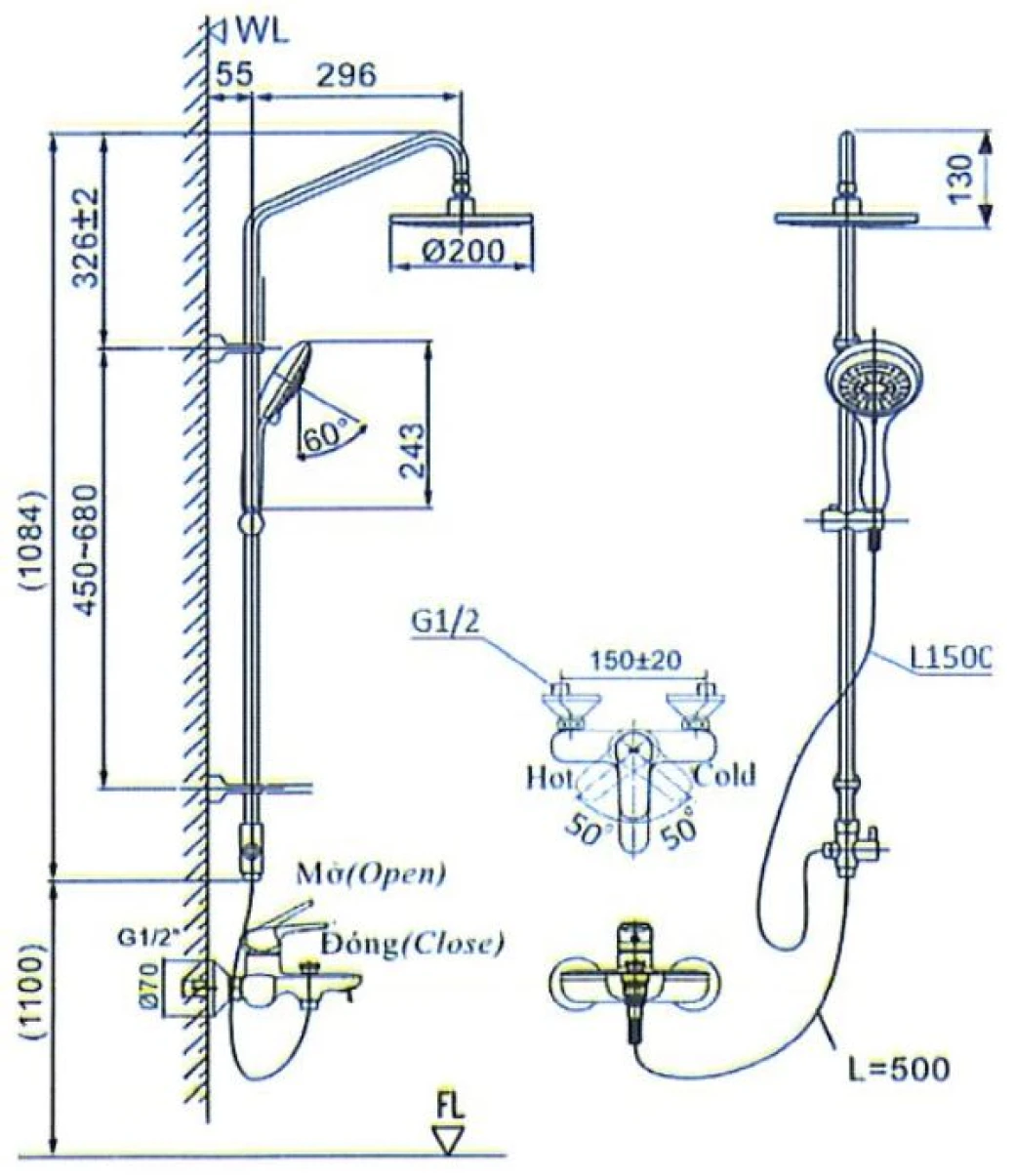bản vẽ kỹ thuật Sen tắm cây Inax BFV-1405S