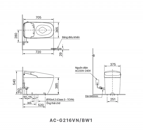 Bản vẽ kỹ thuật bồn cầu thông minh Inax AC-G216VN