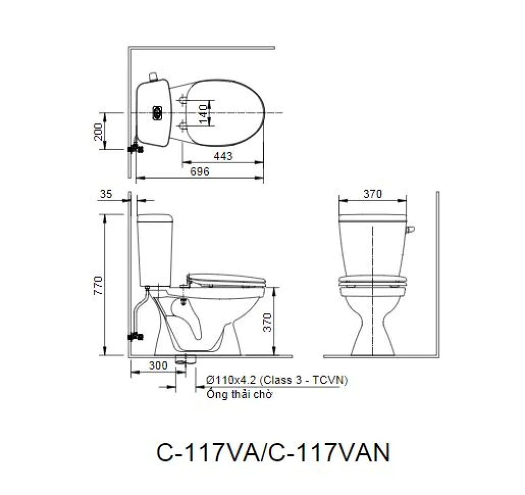 Bản vẽ kỹ thuật bồn cầu Inax 2 khối C-117VAN