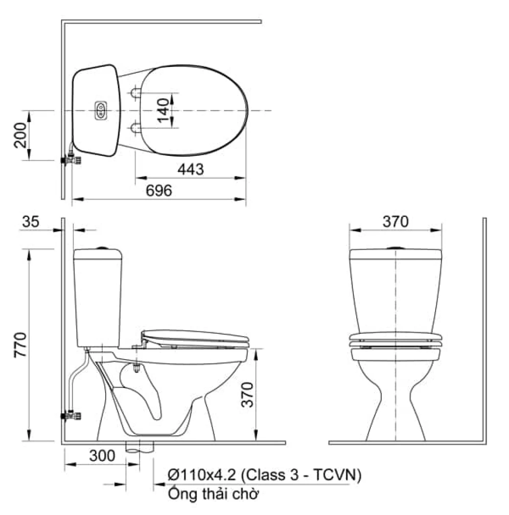Bản vẽ kỹ thuật bồn cầu nắp rửa cơ Inax C-108A