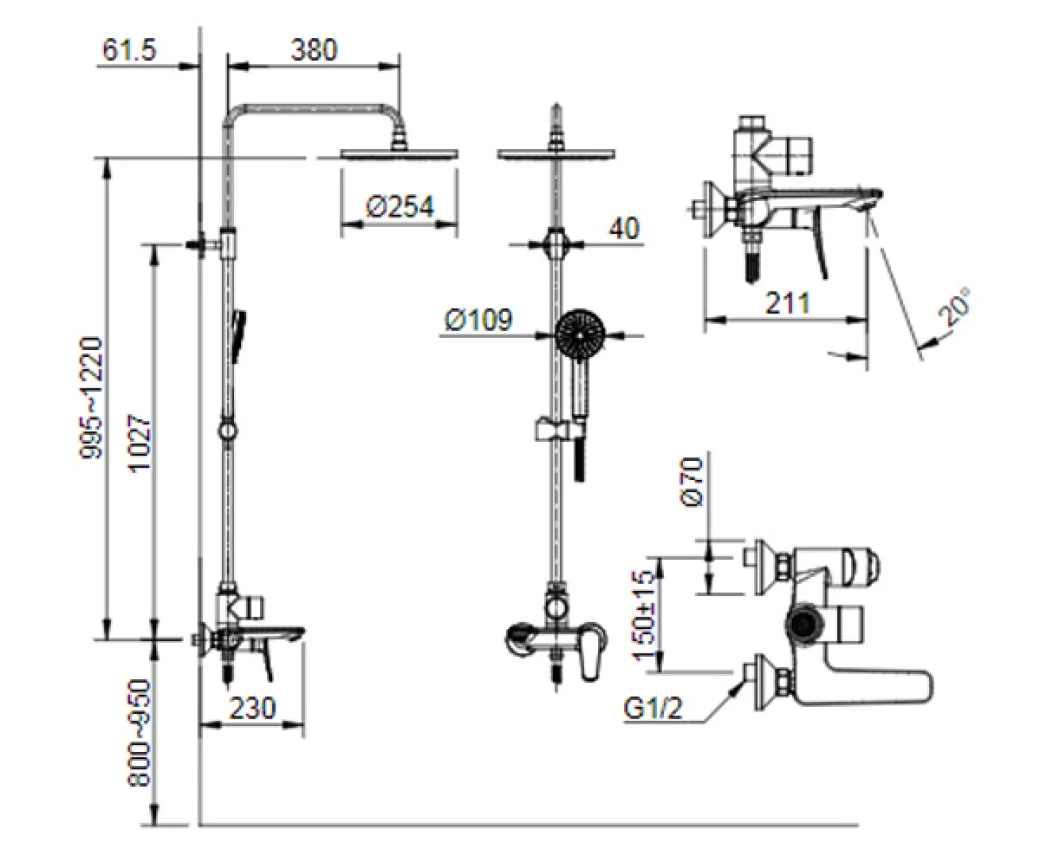 Bản vẽ kỹ thuật sen tắm cây Inax BFV-515S