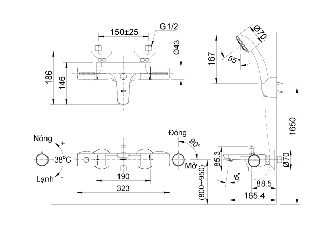 Bản vẽ kỹ thuật Sen tắm Inax BFV-3413T-7C