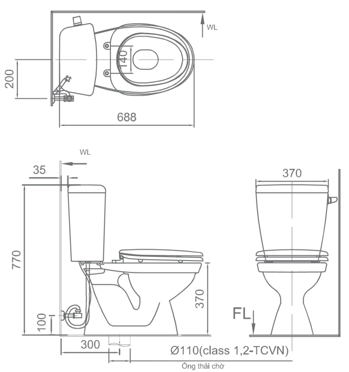 bản vẽ kỹ thuật bồn cầu 2 khối Inax C-117VA