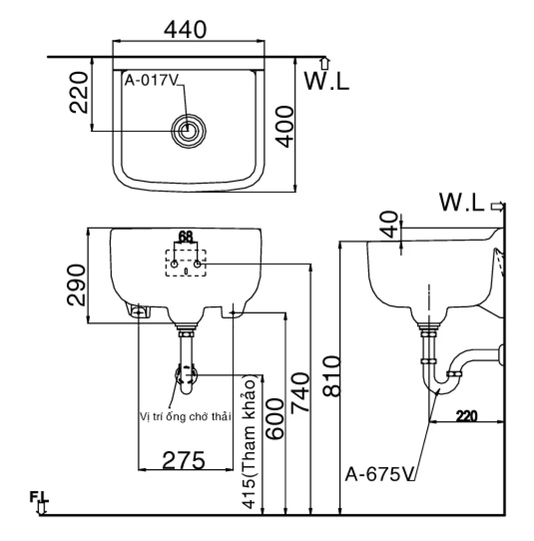 bản vẽ kỹ thuật Chậu rửa treo tường Inax S-17V