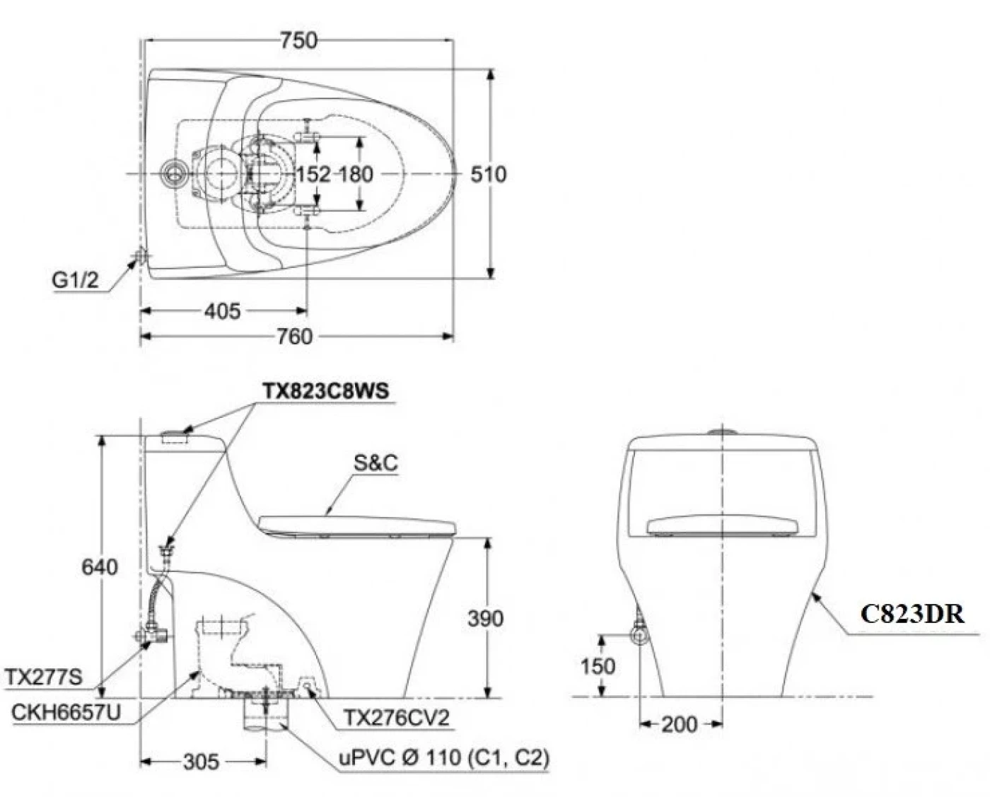 ban ve ki thuat cua bon cau toto ms823dre2 nap co ecowasher
