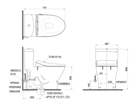Ảnh Bồn cầu 1 khối TOTO MS889DRE4 3