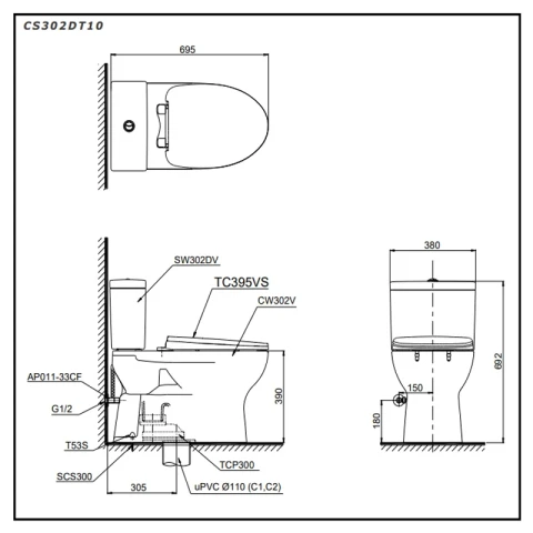 Ảnh Bồn cầu 2 khối TOTO CS302DT10 2
