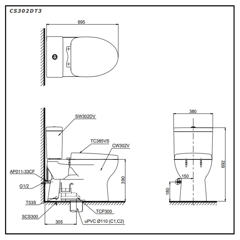 ban ve ky thuat bon cau toto cs302dt3