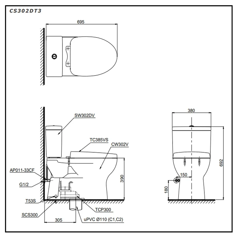 Ảnh Bồn cầu 2 khối TOTO CS302DT3 2