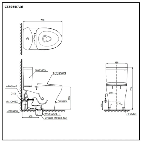 Ảnh Bồn cầu 2 khối TOTO CS838DT10 2