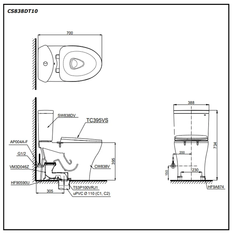 Ảnh Bồn cầu 2 khối TOTO CS838DT10 2