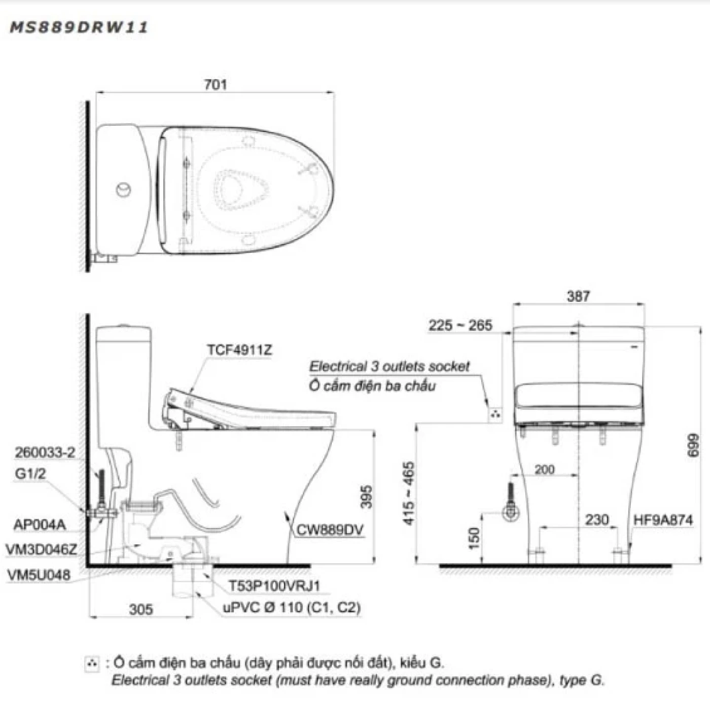 ban ve ky thuat cua bon cau mot khoi washlet dong s7 toto ms889drw11