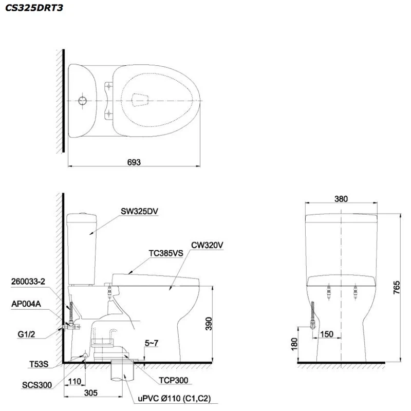 Ảnh Bồn cầu 2 khối TOTO CS325DRT3 2