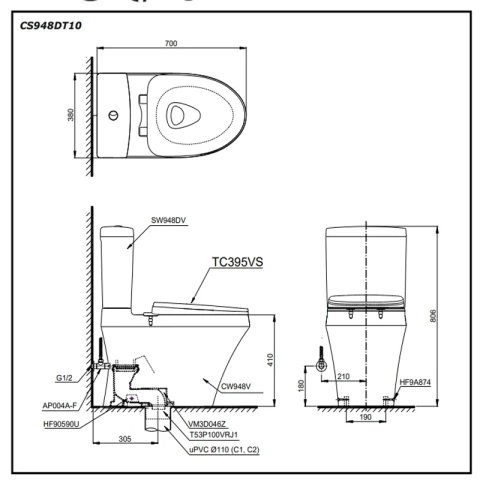Ảnh Bồn cầu 2 khối TOTO CS948DT10 2