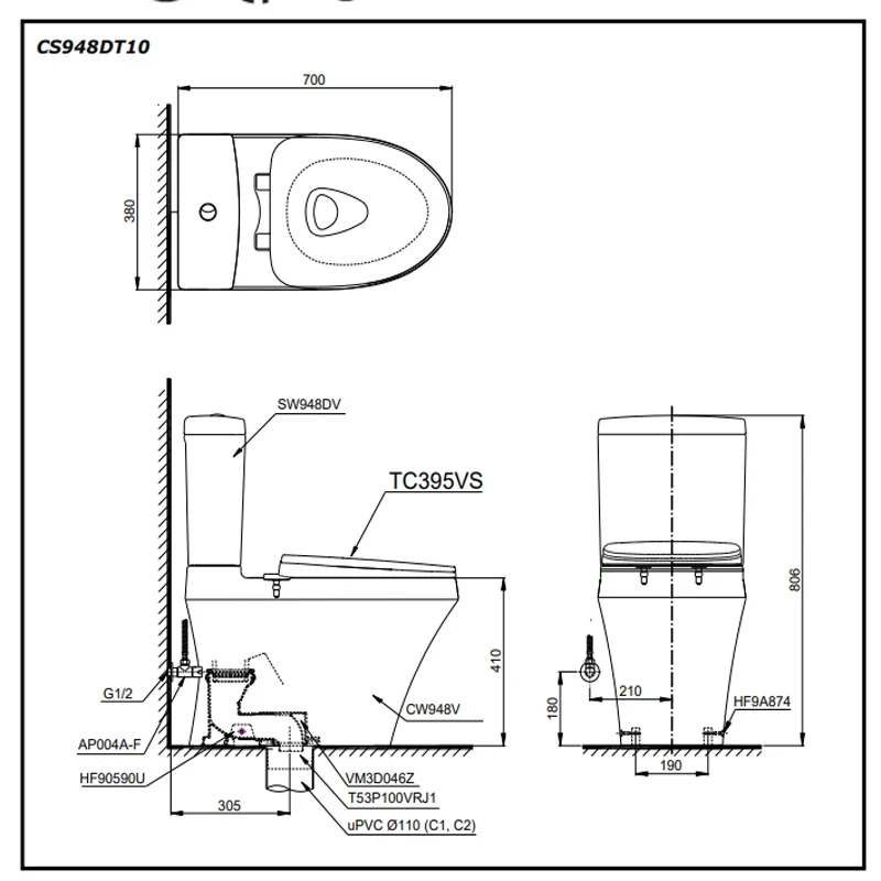 Ảnh Bồn cầu 2 khối TOTO CS948DT10 2