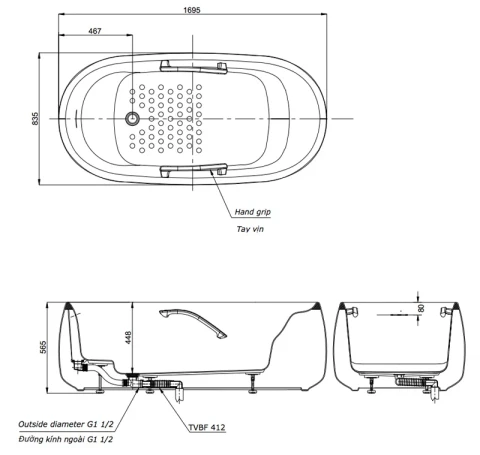 Ảnh Bồn tắm đặt sàn TOTO PJY1744HPWEN#GW/TVBF412 2