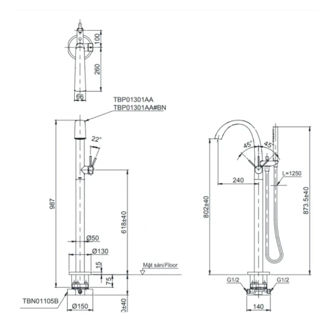 Ảnh Vòi sen xả bồn tắm TOTO TBP01301AA/TBN01105B 2