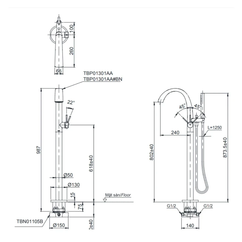 Ảnh Vòi sen xả bồn tắm TOTO TBP01301AA/TBN01105B 2