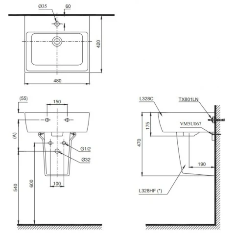 Ảnh Chậu rửa treo tường TOTO LHT328C 2