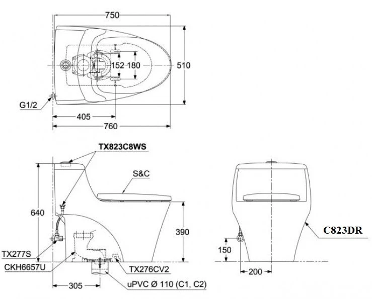 Ảnh Bồn cầu 1 khối TOTO MS823DRT8 2