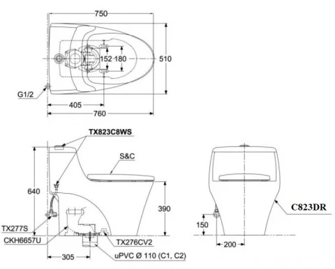 Ảnh Bồn cầu 1 khối TOTO MS823DRT2 2