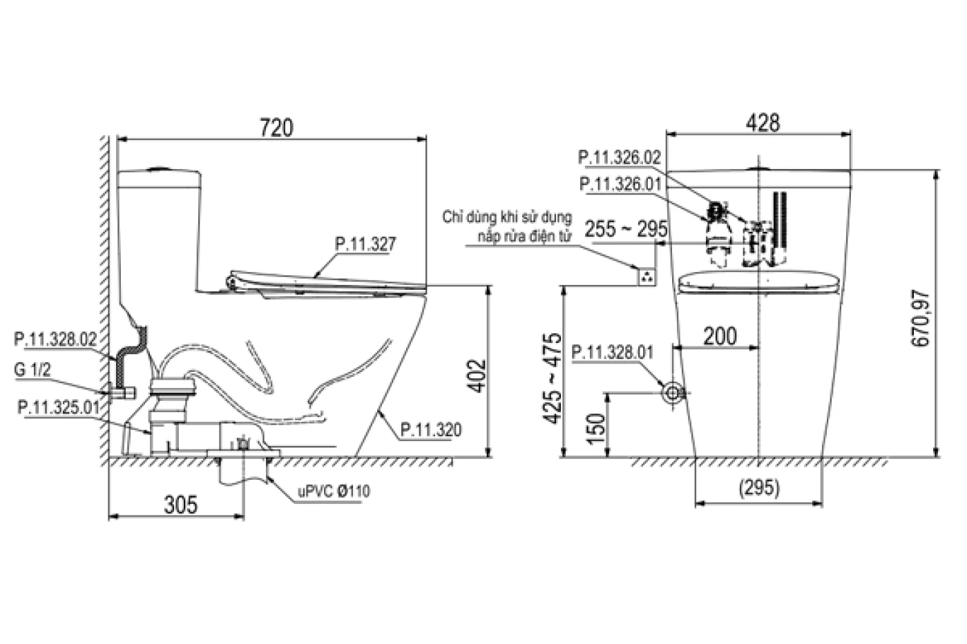 Bản vẽ kỹ thuật bồn cầu 1 khối Viglacera Platinum  P.11.320