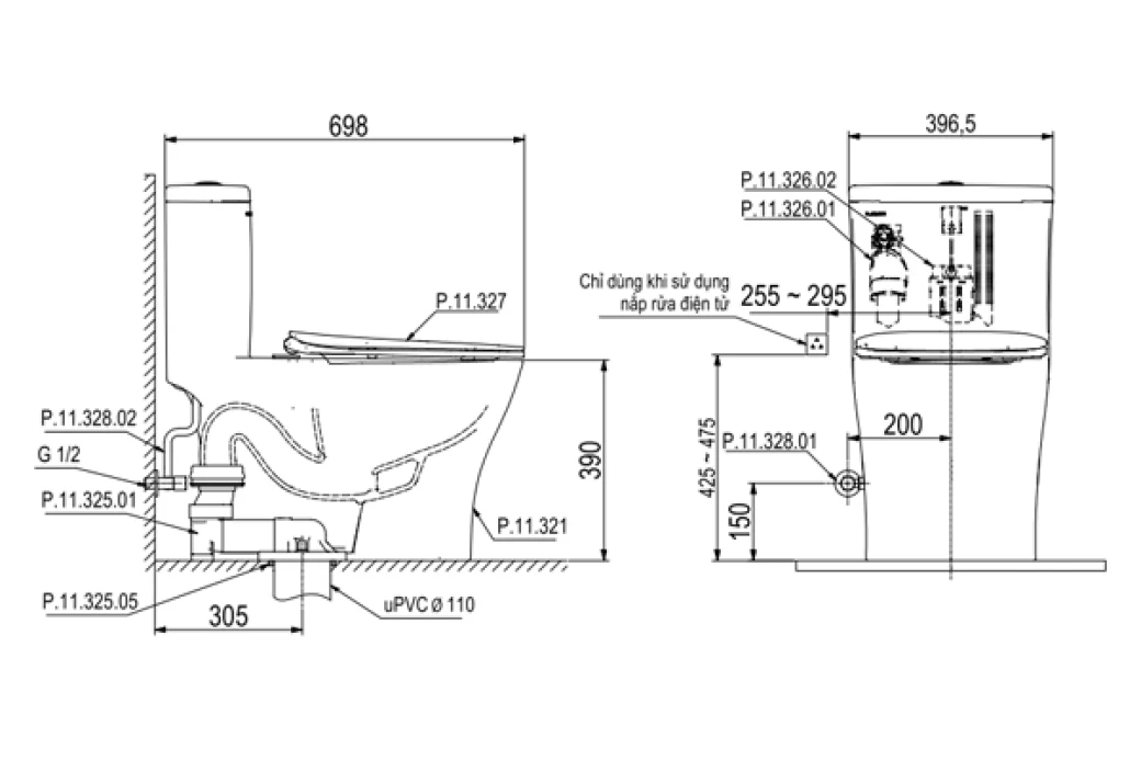 Bản vẽ kỹ thuật bồn cầu 1 khối Viglacera Platinum P.11.321