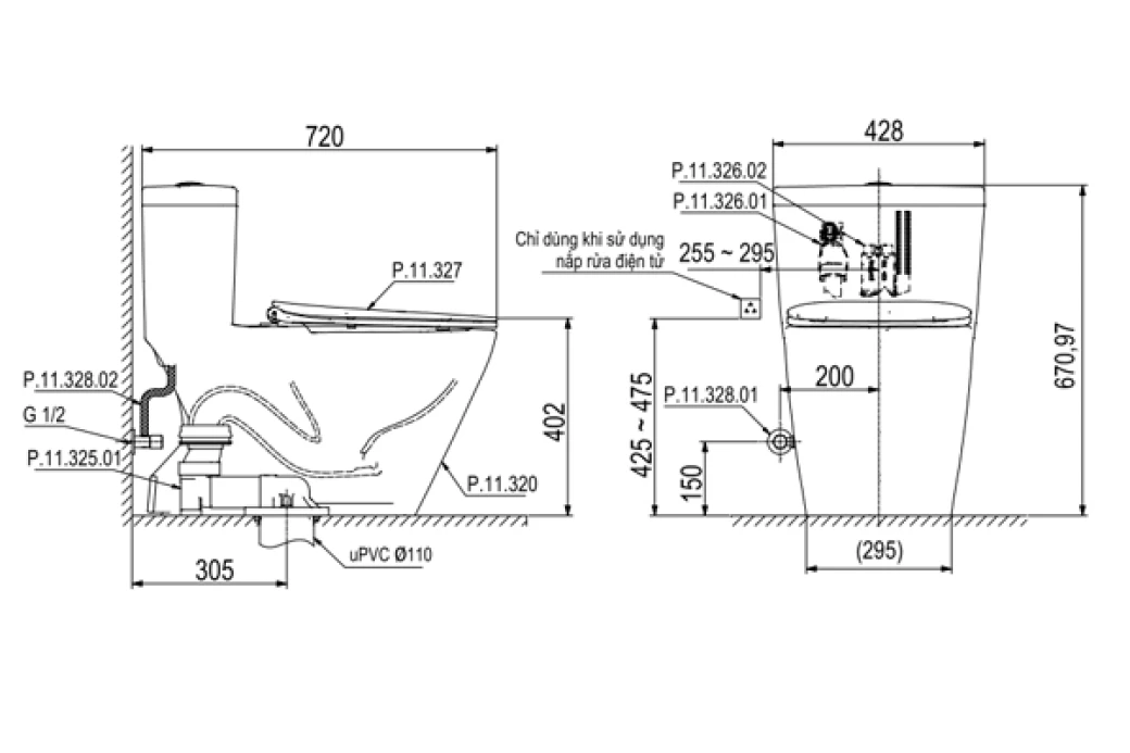 bản vẽ bồn cầu 1 khối Viglacera Platinum P.11.350