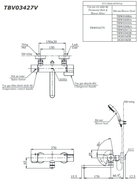 Ảnh Sen tắm nhiệt độ TOTO TBV03427V/TBW02006V 2