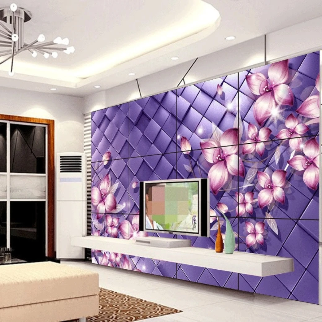 gach 3d op tuong phong khach mau tim