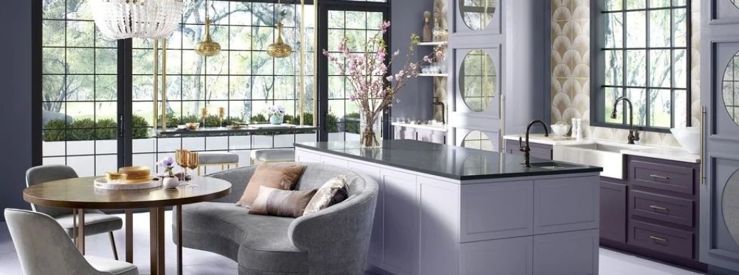 gạch trang trí màu tím lavender nhẹ nhàng cho phòng bếp tao nhã