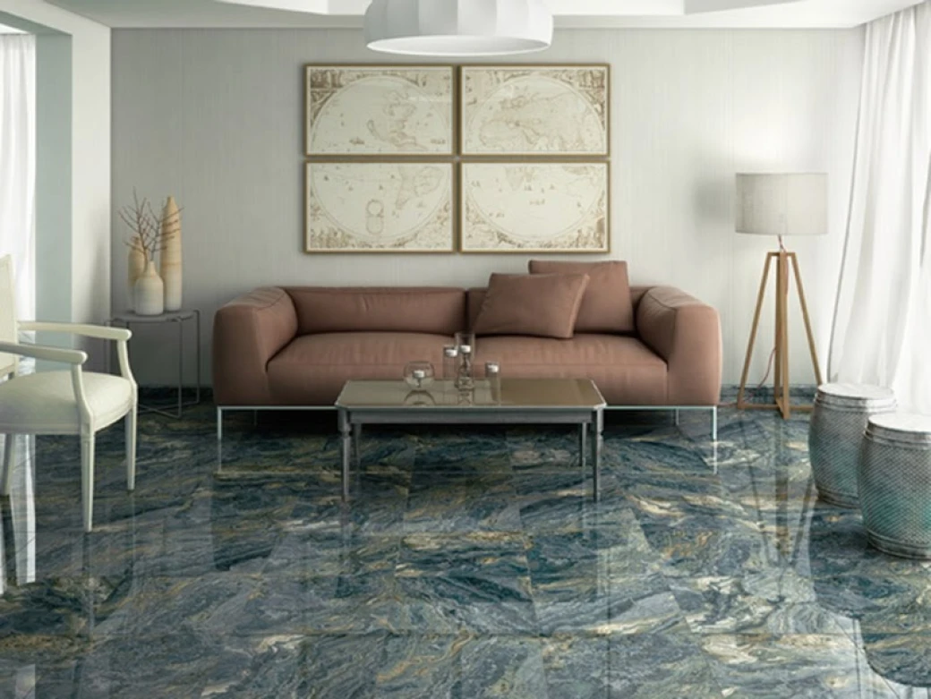 tuong nha mau trang ket hop gach lat nen mau xanh dep sang trong