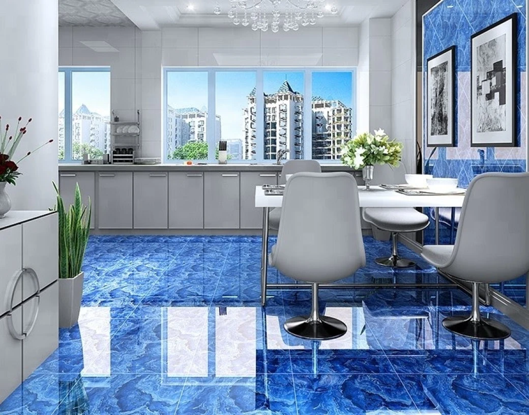 tuong nha mau trang ket hop lat nen mau xanh bien dep