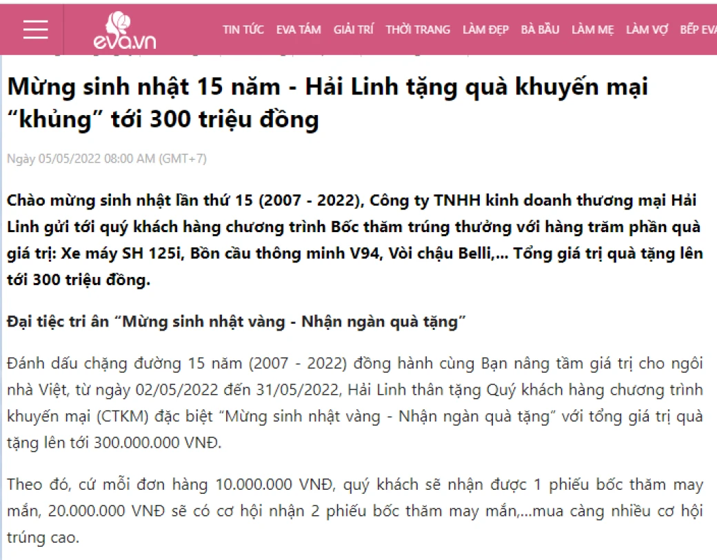 trang eva dua tin ve chuong trinh sinh nhat 15 nam hai linh