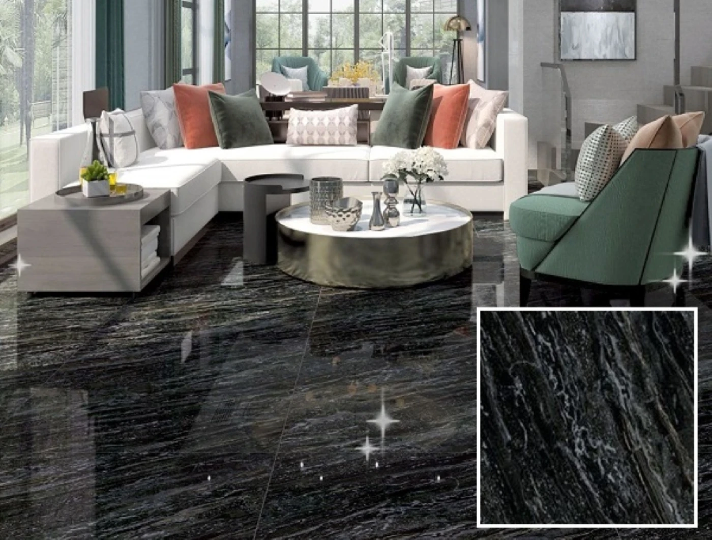 gach lat nen phong khach van da mau den