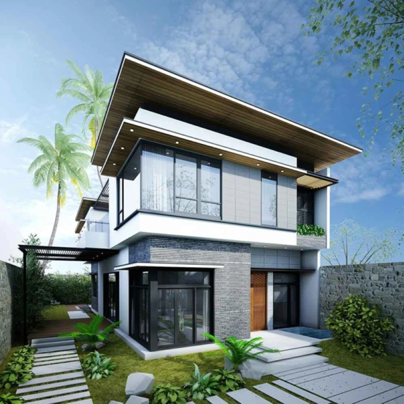 phoi mau gach op tuong mat tien tong xam hien dai