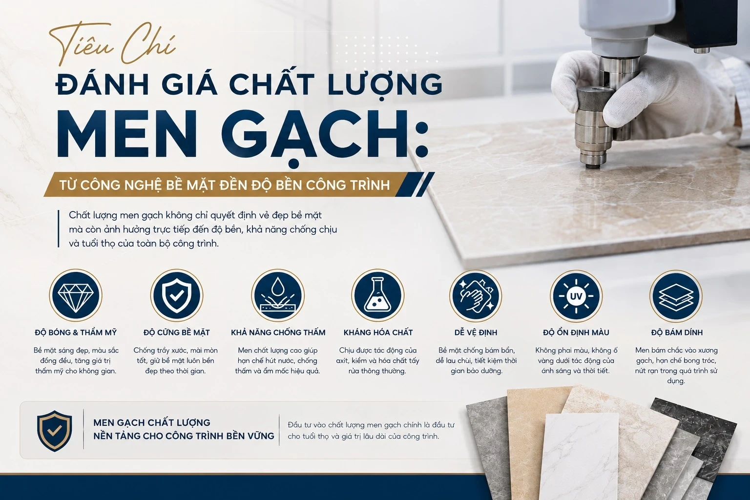  Tiêu chí đánh giá chất lượng men gạch: Từ công nghệ bề mặt đến độ bền công trình