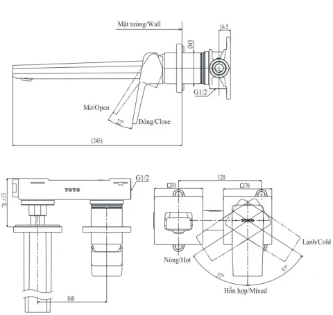 Ảnh Vòi chậu gắn tường TOTO TLG10308BB 2