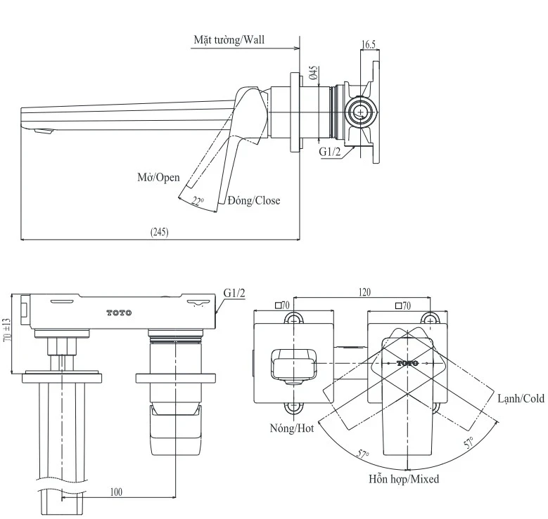 Ảnh Vòi chậu gắn tường TOTO TLG10308BB 2